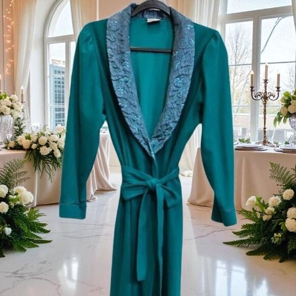 Vintage Maggie McQuade Long Teal Green Get Ready Robe Embroidered Collar Pockets - Picture 13 of 14
